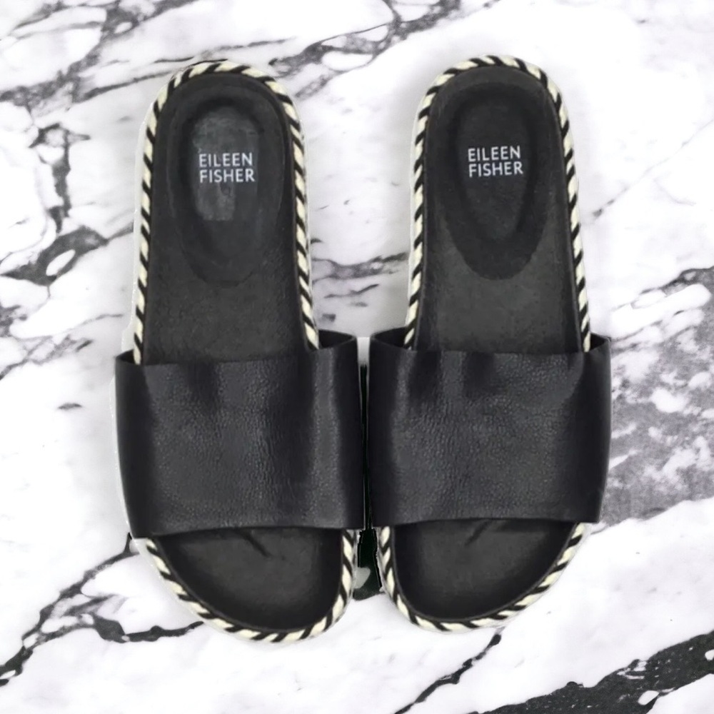 Eileen Fisher Pear Sandals 7 Slides Black + White Molded Leather Footbed NIB - Picture 5 of 14